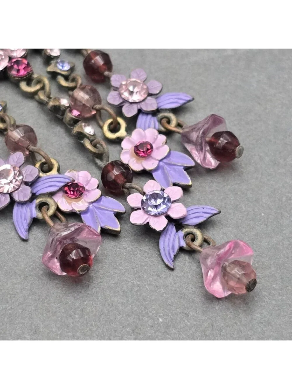 Vintage Michal Negrin Brass Dangle Earrings 4.75" Pastel Floral Crystal Drop - Picture 7 of 11